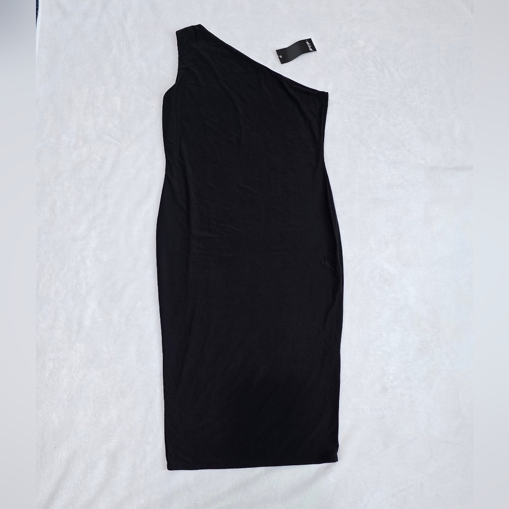NWT Nasty Gal Black One-Shoulder Dress   Double Layer Slinky Midi Dress Size 12